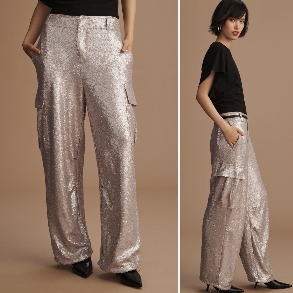 NEW Anthropologie Sequin Cargo Pants, Lilac/ Silver, size 0